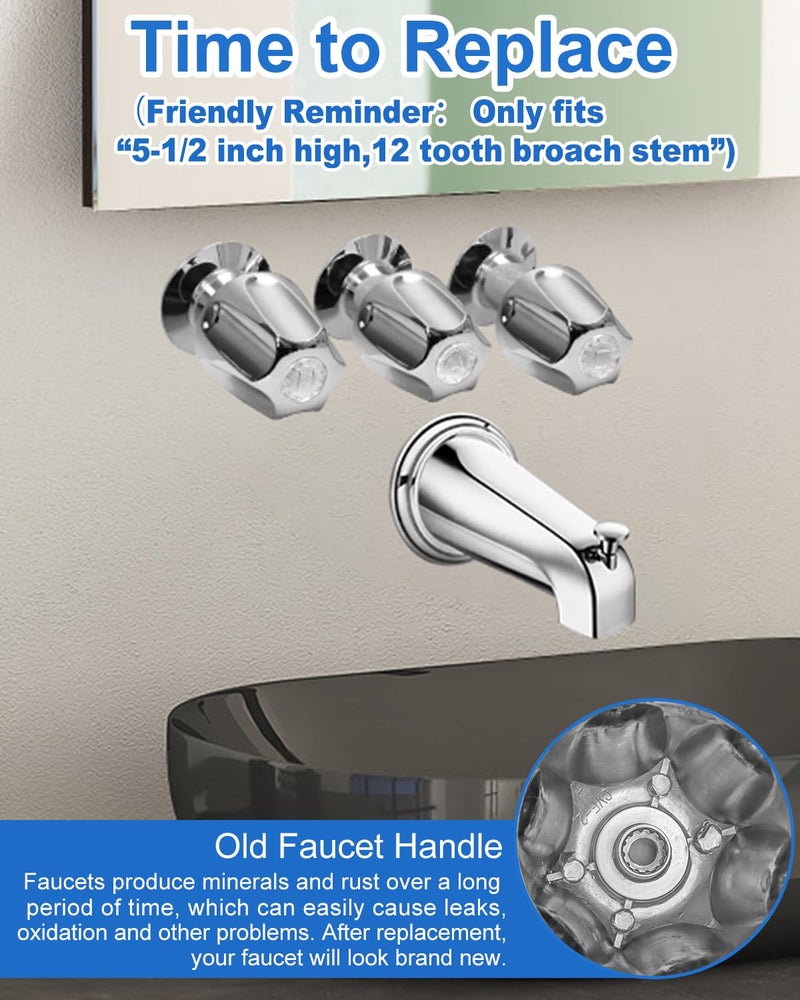 sousac 3 Set Shower Knob Replacement, Metal Bath Tub Faucet Handle Include Hot/Cold/Diverter (No Flange Base), Compatible with Price Pfister Verve Fits 5-1/2'', 12 Tooth Broach Stem (Silver) - Image 2